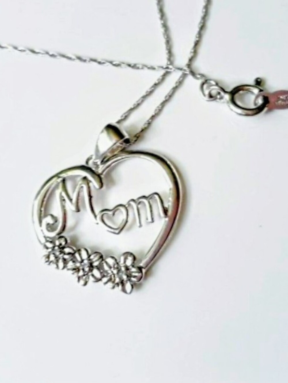 Silver "Mom" Heart Pendant Necklace - Floral Accent